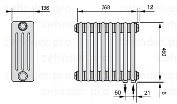Схема (чертеж) Радиатор Zehnder Charleston 4045/8 №5510 Белый глянцевый RAL 9016
